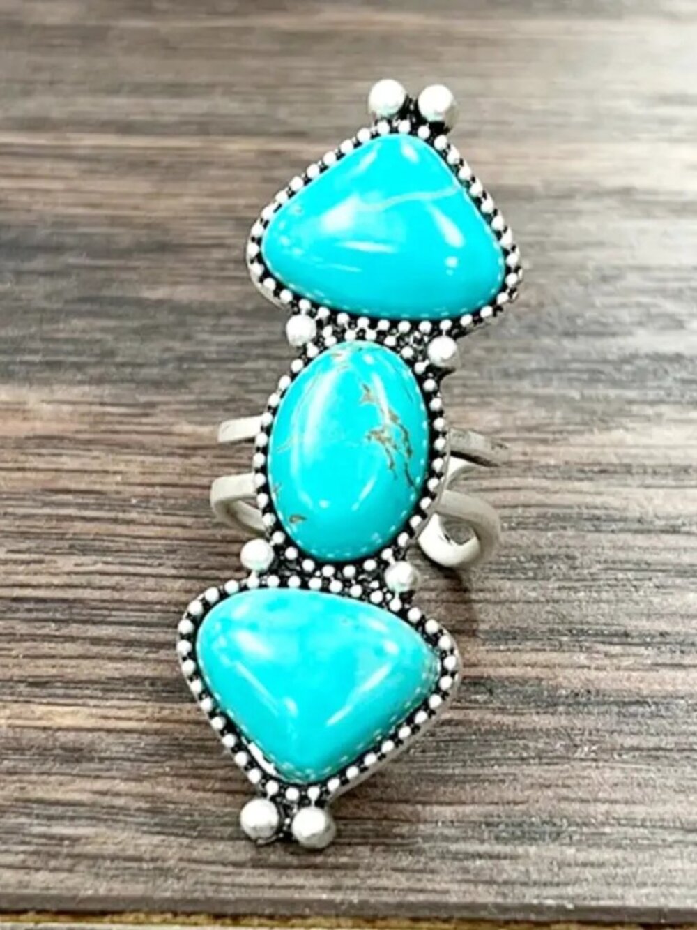 Western Triple Turquoise Statement Ring Adjustable Southwestern Boho Rodeo Ring